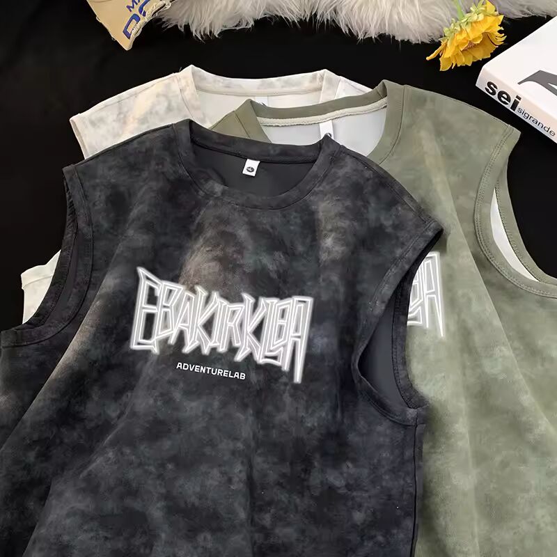Hipster Tie-dye Mens Tee Shirts Letter Print Sleeveless Top Basic Male Muscle Tank Tops Hip Hop Casual T-Shirt
