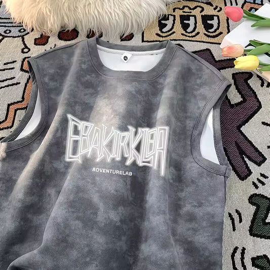 Hipster Tie-dye Mens Tee Shirts Letter Print Sleeveless Top Basic Male Muscle Tank Tops Hip Hop Casual T-Shirt