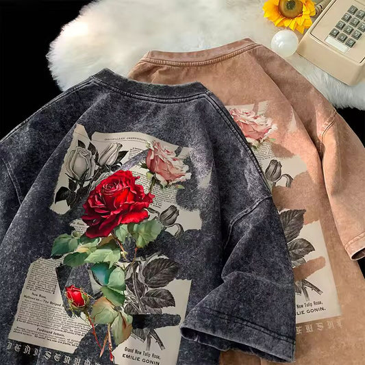 Gothic Washed Tshirts Rose Printed Streetwear Men T-shirt O-neck Oversized Korean Short Sleeve Tops Harajuku Casual Male Tee