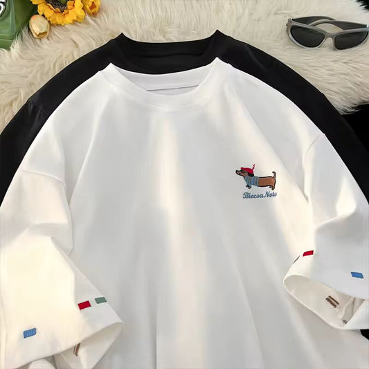 Korean Street Summer Short Sleeve Cute Puppy Graphic T-Shirt Men's Fashion Loose Fit Crewneck T-shirt Delicate Embroidery Top