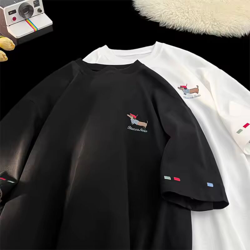 Korean Street Summer Short Sleeve Cute Puppy Graphic T-Shirt Men's Fashion Loose Fit Crewneck T-shirt Delicate Embroidery Top